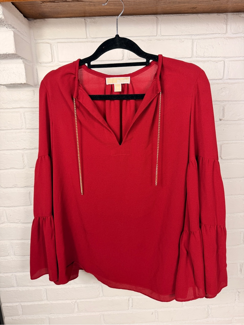Michael Kors‎ Burgundy Bell Sleeve Chain Tie Blouse Women’s Small V-Neck Top